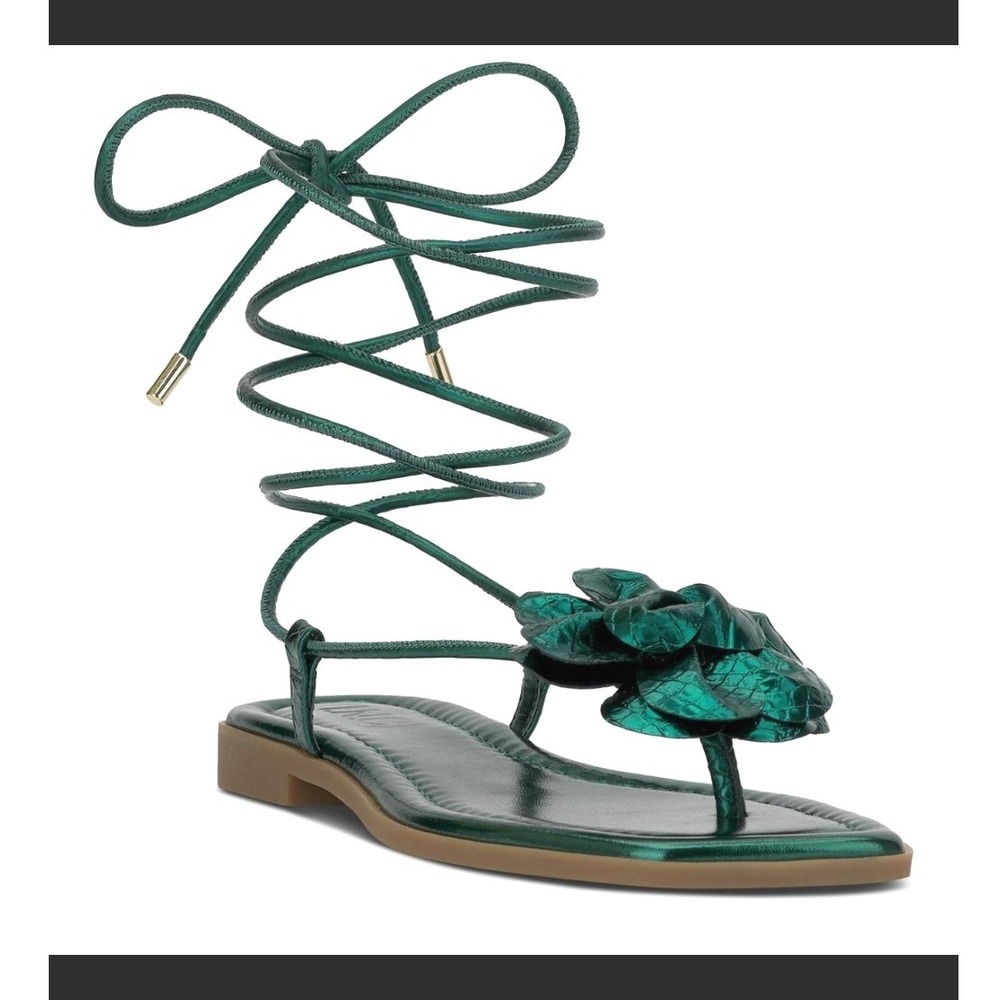 INC International Concepts Emerald Green Metallic Rosette Lace up Sandals 7.5M‎